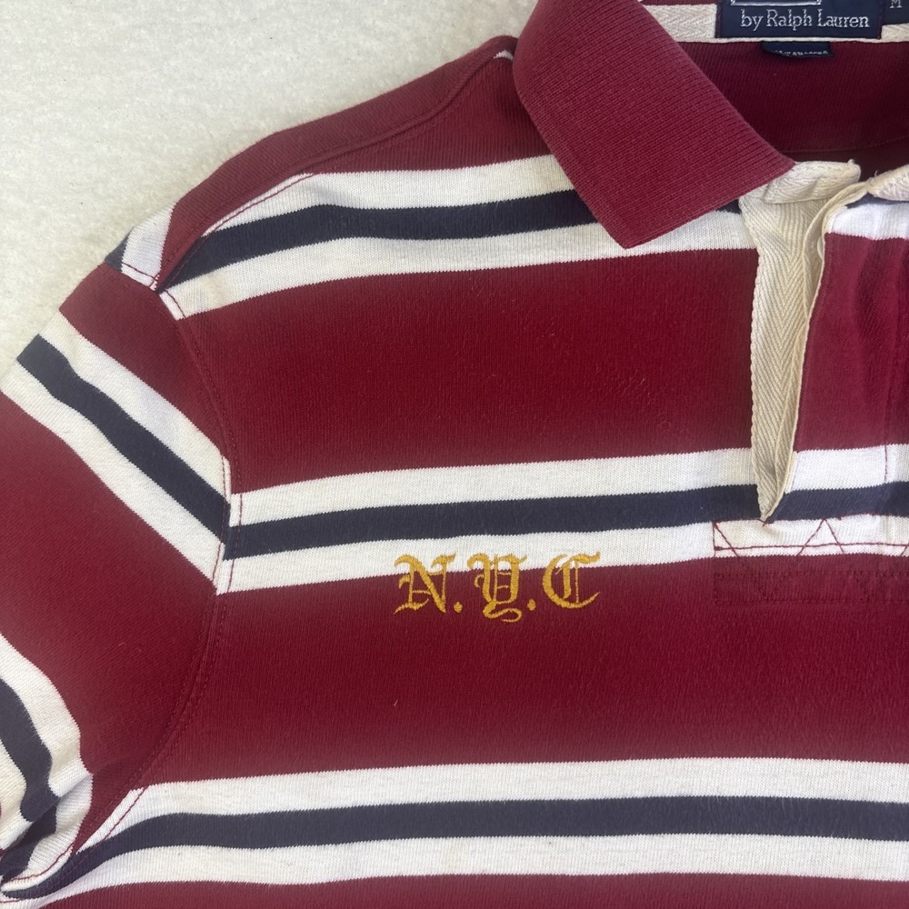 Polo Ralph Lauren Rugby Polo Striped NYC Crest #7 Patch M Vtg Rare Red White - Picture 3 of 12